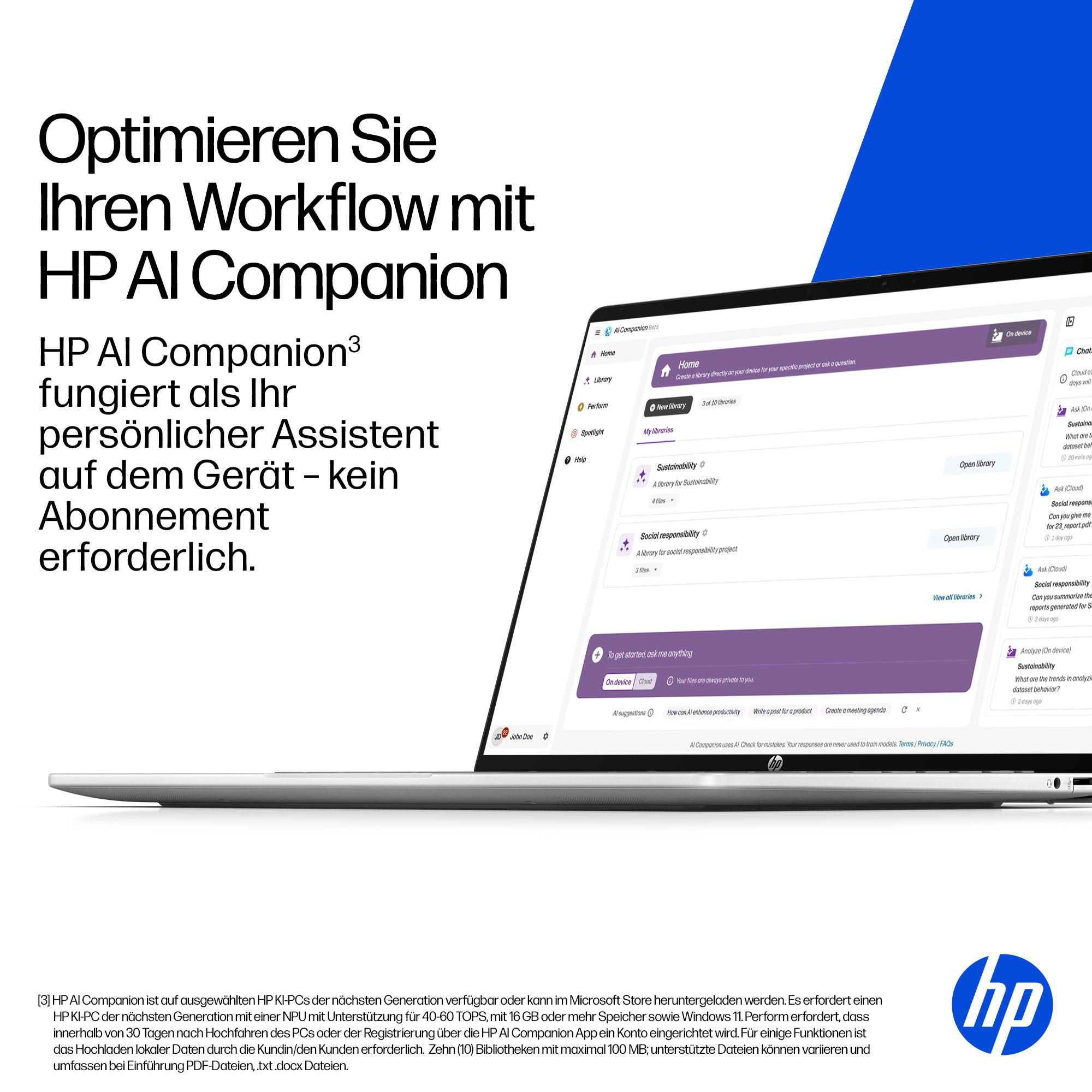 Ein Laptop-Bildschirm zeigt die HP AI Companion-Oberfläche. Text und Grafiken sind sichtbar. Das HP-Logo unten rechts.