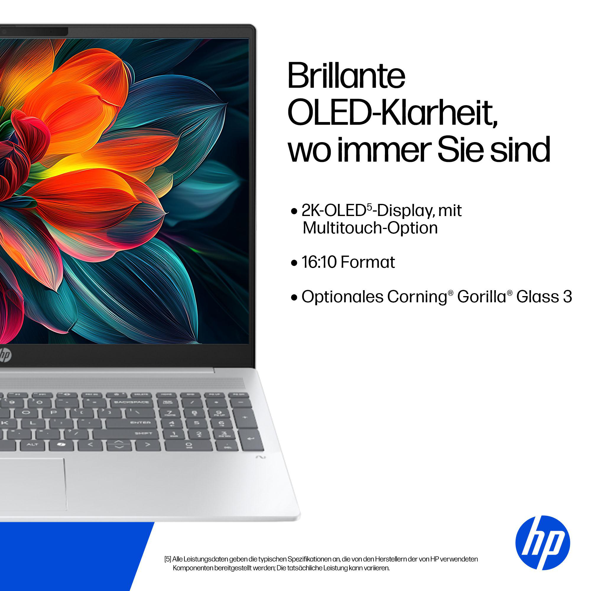 Laptop mit hellem Bildschirm. Text: OLED-Display, Multi-Touch und Corning Gorilla Glass. HP-Logo.