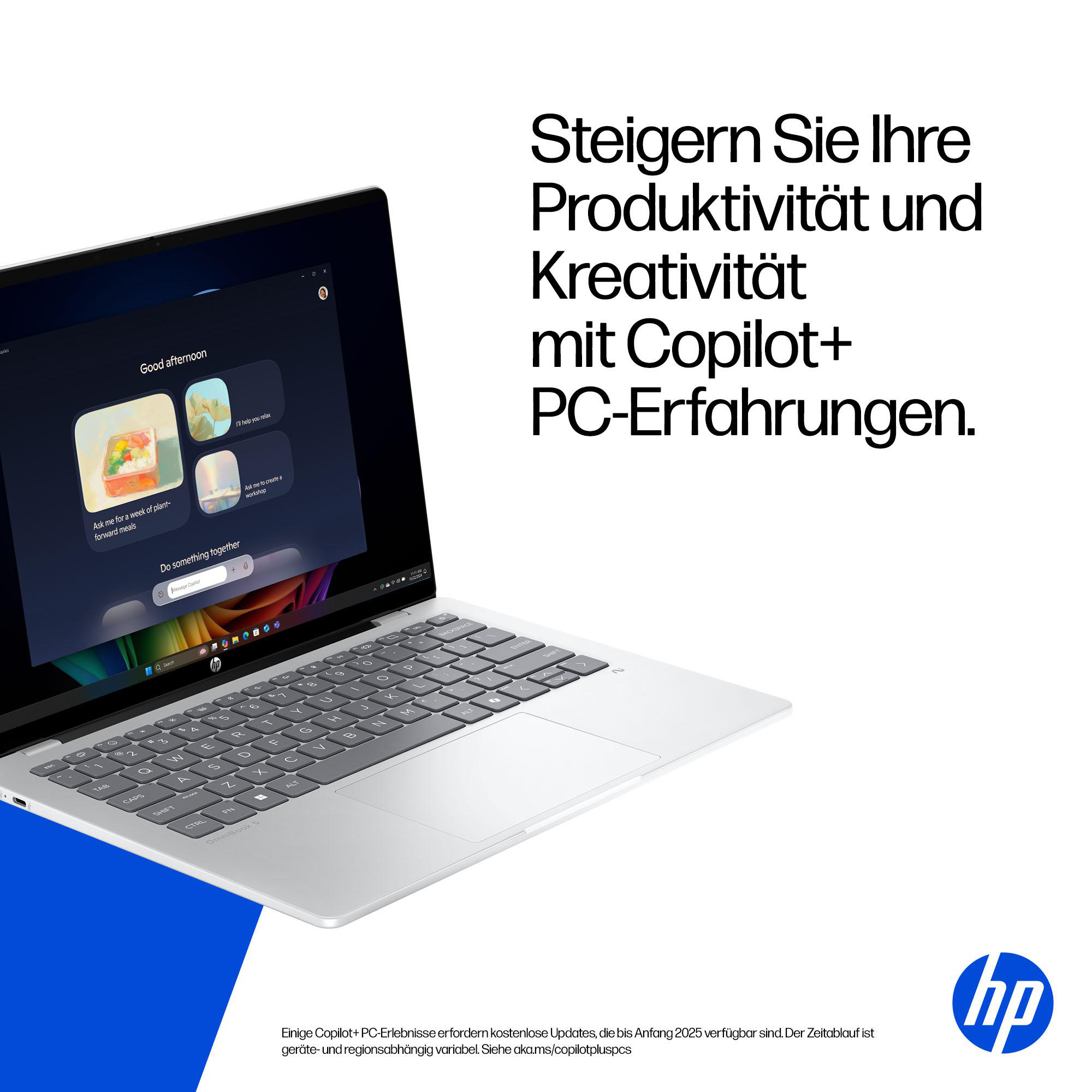 Ein Laptop zeigt einen 'Guten Nachmittag'-Bildschirm. Text auf Deutsch: 'Steigern Sie Ihre Produktivität und Kreativität.'