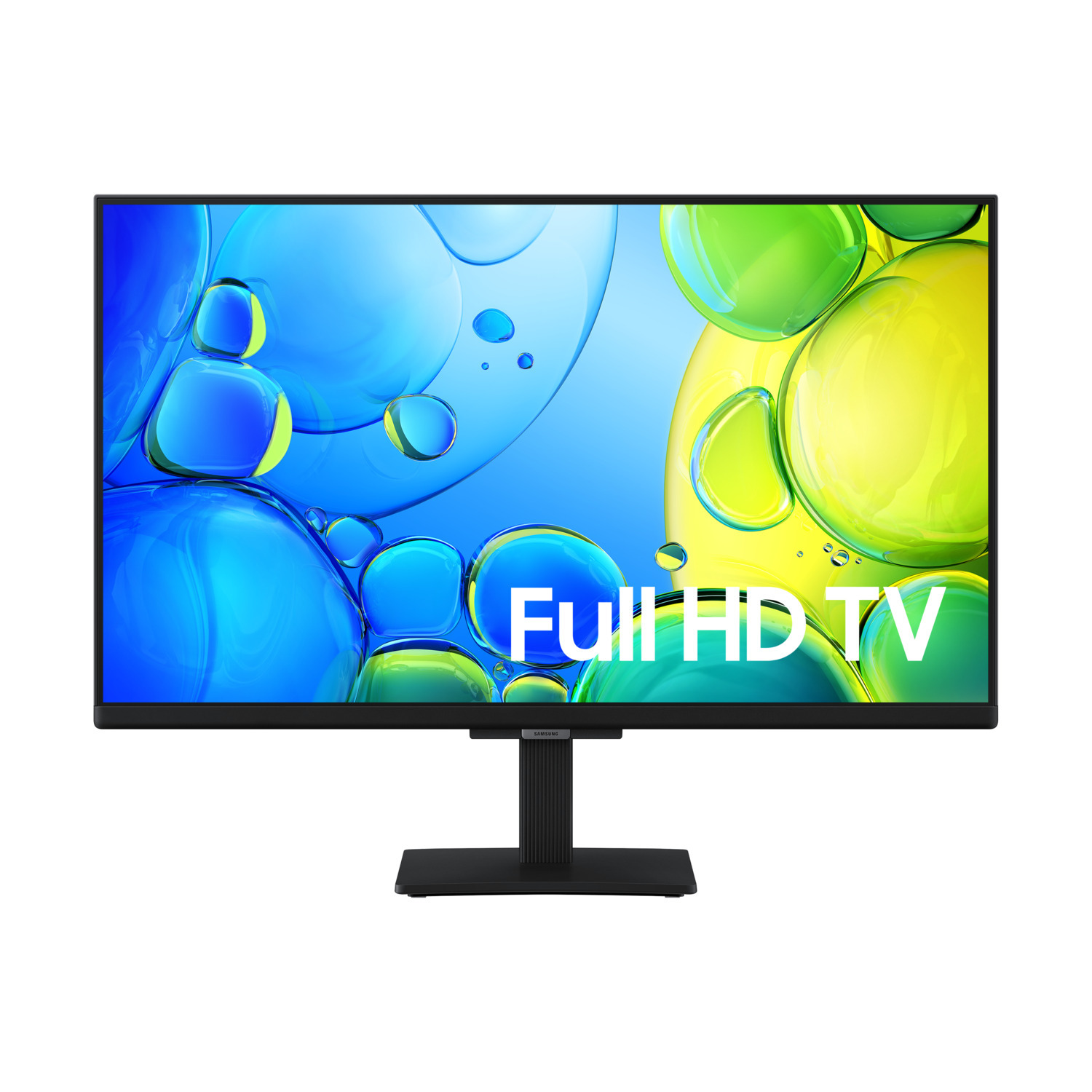 Un téléviseur à écran plat avec cadre et pied noirs. L'écran affiche un fond de bulles colorées. Texte : 'Full HD TV'.