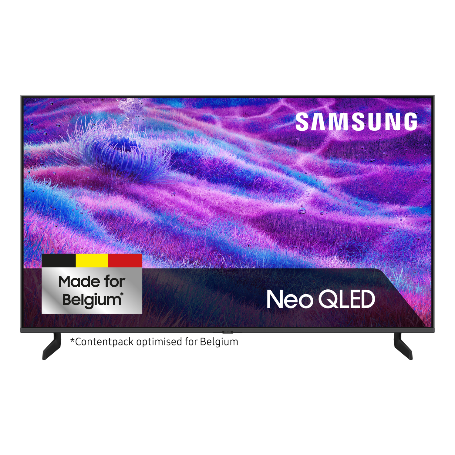 Samsung Neo QLED TV. Toont een kleurrijke, abstracte afbeelding. Met 'Made for Belgium' en 'Neo QLED'. Zwarte voet en frame.