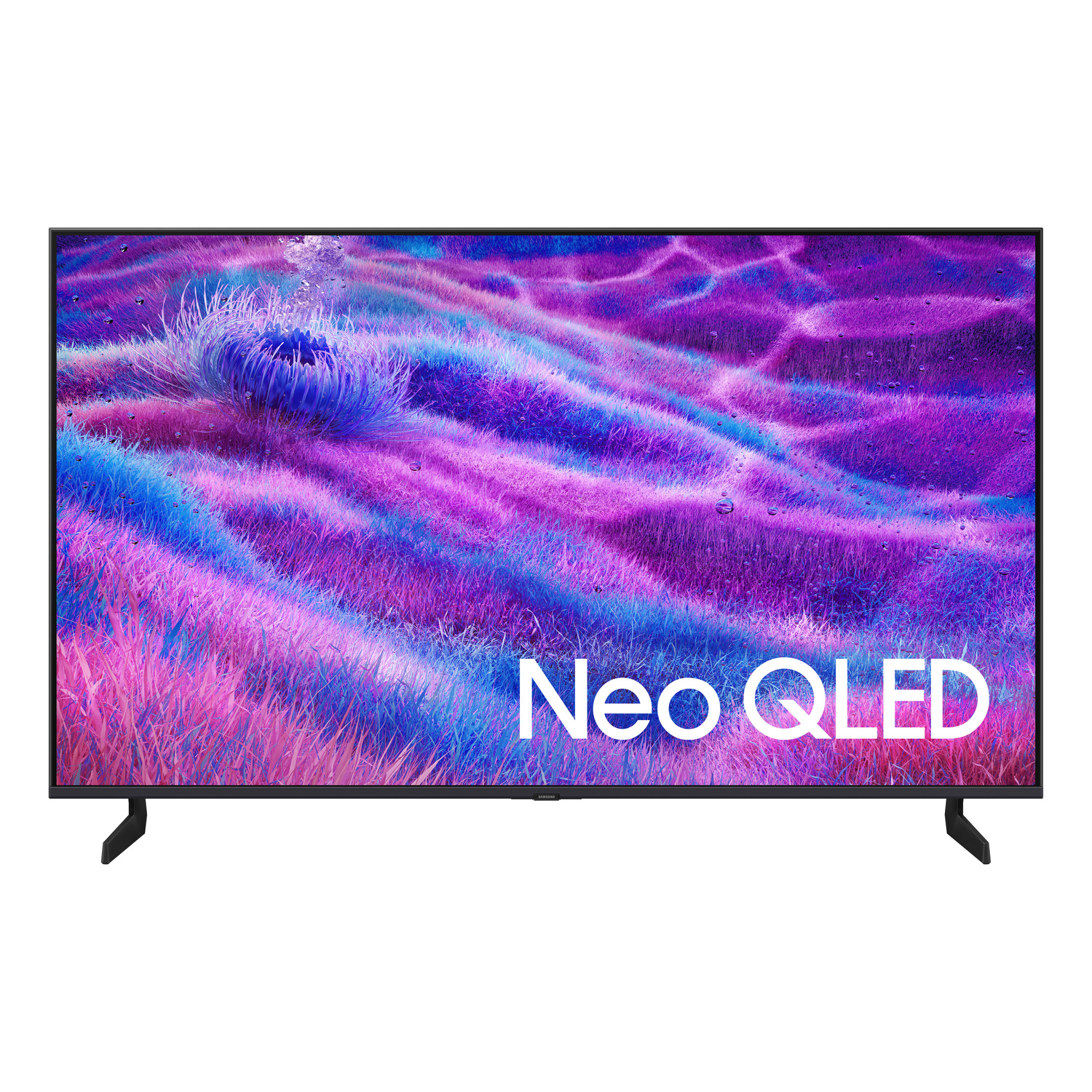 Een Neo QLED tv toont een kleurrijke, abstracte afbeelding met paarse, blauwe en roze tinten. De tv staat op een witte achtergrond met zwarte poten.