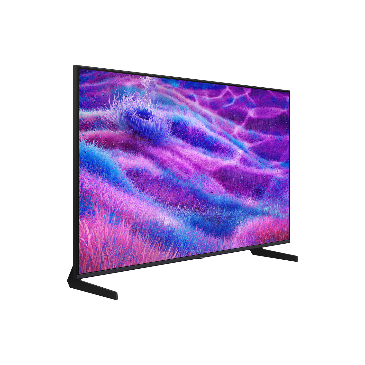 Een flatscreen-tv toont een kleurrijk, abstract landschap. Het scherm toont paarse, blauwe en roze tinten. De tv heeft een zwart frame en standaard.
