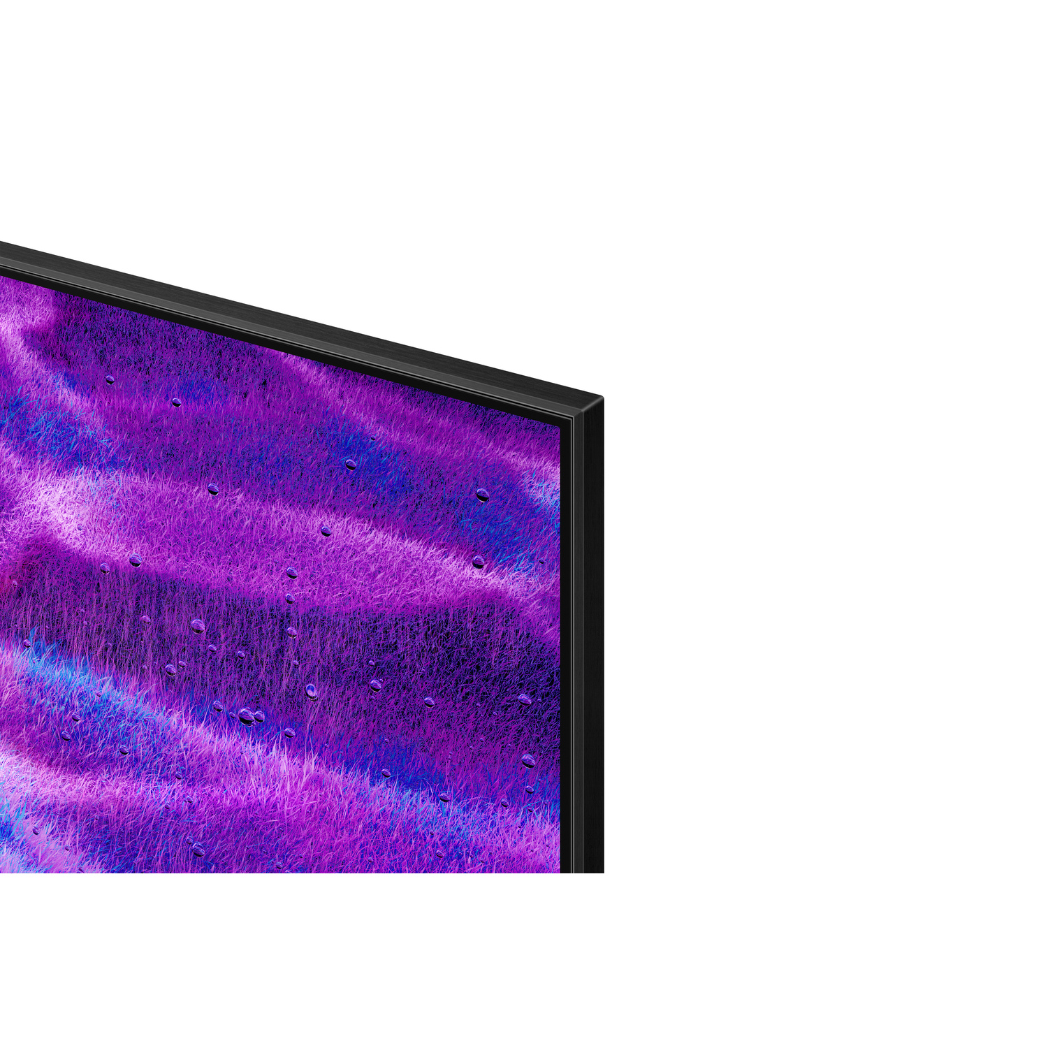 Een tv-scherm toont een paars en blauw abstract patroon, lijkend op gras met waterdruppels. Het scherm heeft een zwart frame.