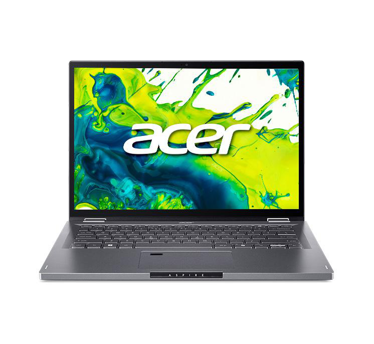 Ein silberner Acer-Laptop ist geöffnet. Der Bildschirm zeigt ein farbenfrohes abstraktes Design mit dem Acer-Logo. Die Tastatur ist sichtbar.