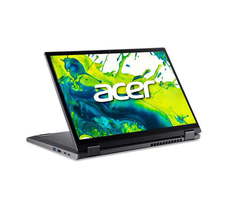 Ein geöffnetes Acer-Laptop auf weißem Hintergrund. Der Bildschirm zeigt einen farbenfrohen Spritzer. Der Laptop ist dunkelgrau, leicht geöffnet.