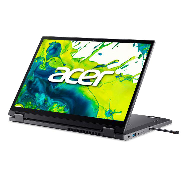 Ein Acer-Laptop ist geöffnet. Der Bildschirm zeigt Farbspritzer. Das Acer-Logo ist sichtbar. Der Laptop befindet sich auf weißem Hintergrund.