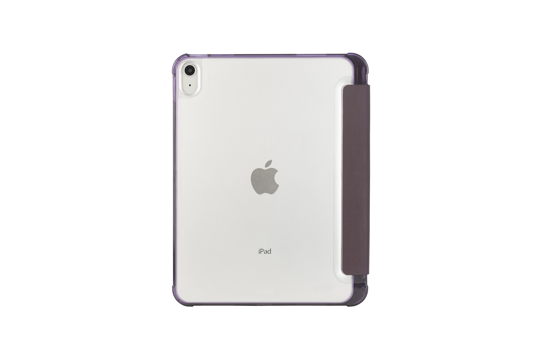 Ein iPad in einer klaren Hülle mit lila Rand und einer braunen Abdeckung. Das Apple-Logo ist sichtbar. Der Hintergrund ist weiß.