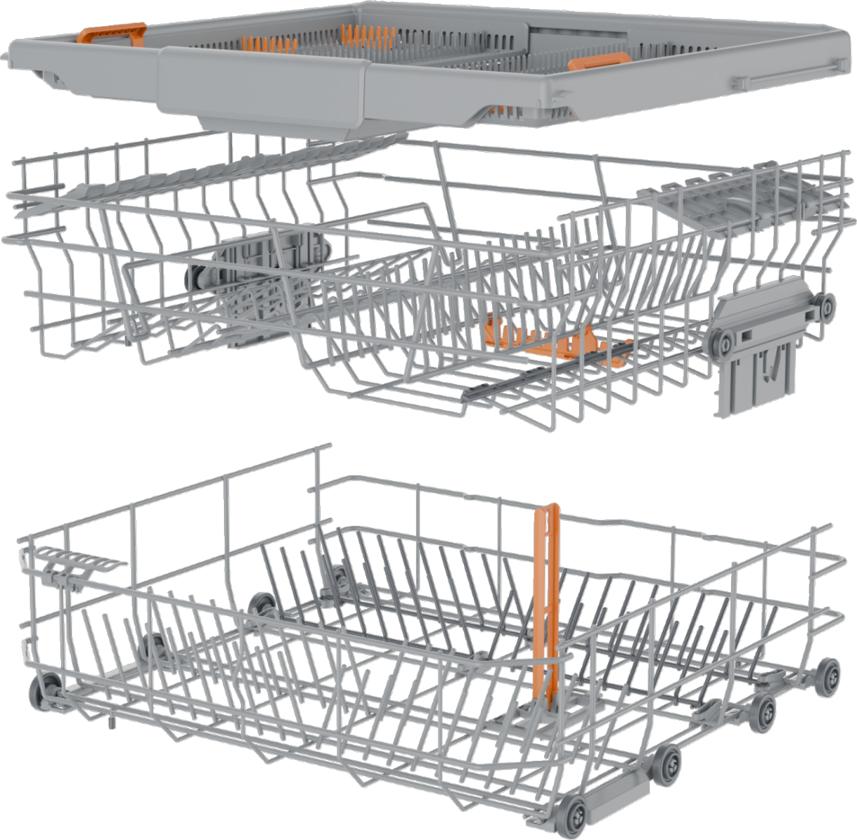 Wyświetlane są kosze zmywarki. Górny kosz jest u góry, środkowy kosz na środku, a dolny na dole. Wszystkie są szare z pomarańczowymi akcentami.