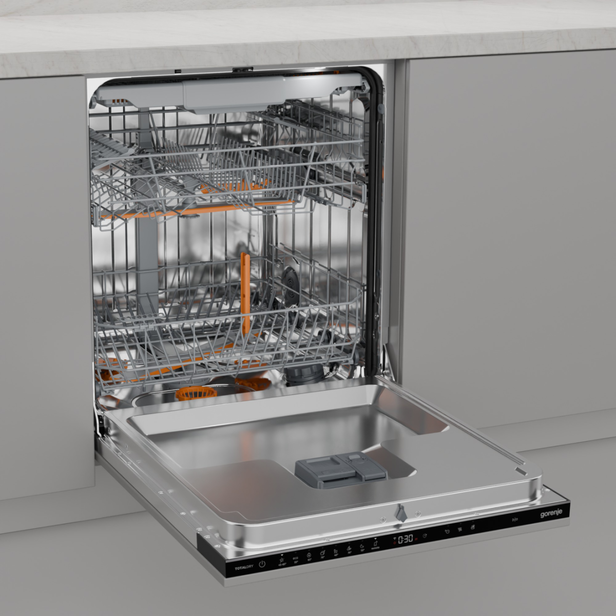 Pokazano otwartą zmywarkę z dwoma koszami. Drzwi są opuszczone. Wnętrze ma pomarańczowe i srebrne elementy. Panel sterowania wyświetla 0:30.
