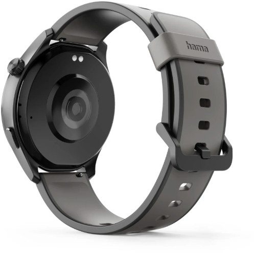 Czarny smartwatch z szarym paskiem, widocznym tyłem z czujnikami i marką "hama" na pasku.