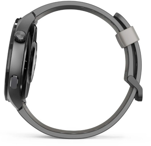 Widok z boku ciemnoszarego smartwatcha z pasującym paskiem, klamra jasnoszara. Tarcza zegarka jest czarna.