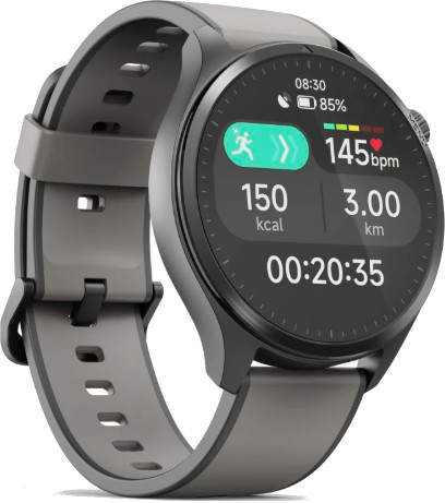 Smartwatch wyświetla dane fitness: czas, bateria, tętno, dystans, kalorie i upływający czas. Ma szary pasek i czarną ramkę.