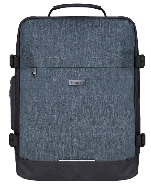 Kwadratowy plecak z uchwytem. Ma szarą, teksturowaną powierzchnię i czarne detale, w tym paski i podstawę.