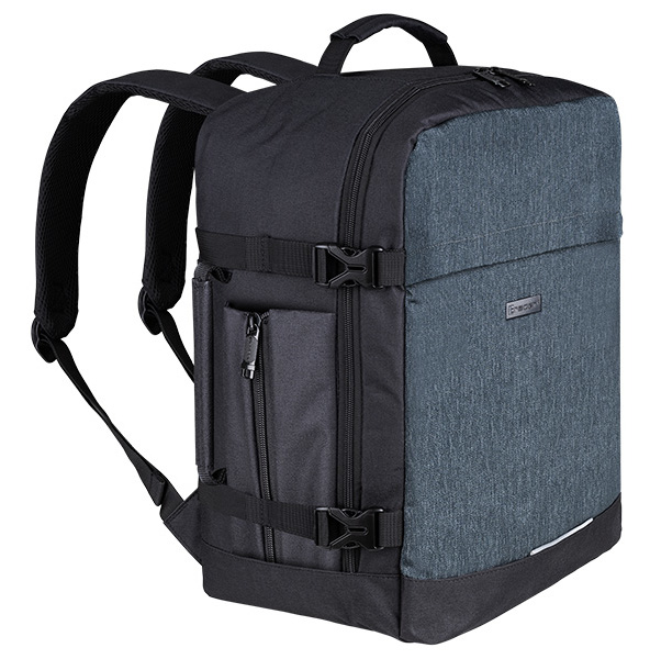 Czarno-szary plecak z paskami na ramiona, uchwytem i wieloma przegrodami z zamkami błyskawicznymi i klamrami.