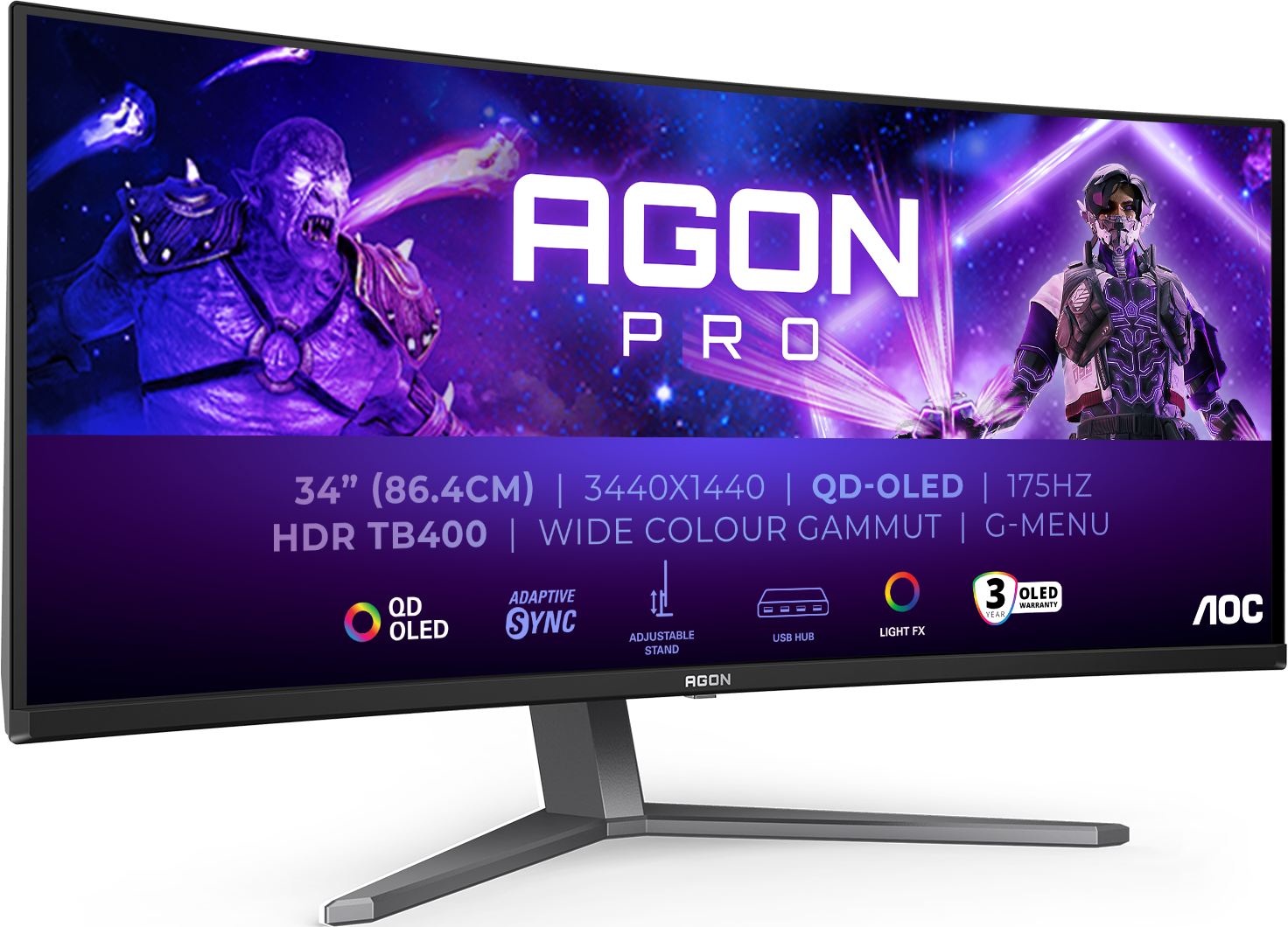 Écran incurvé avec le logo 'AGON PRO'. Caractéristiques : QD-OLED, 175Hz et pied réglable. Comprend l'image d'une créature violette.