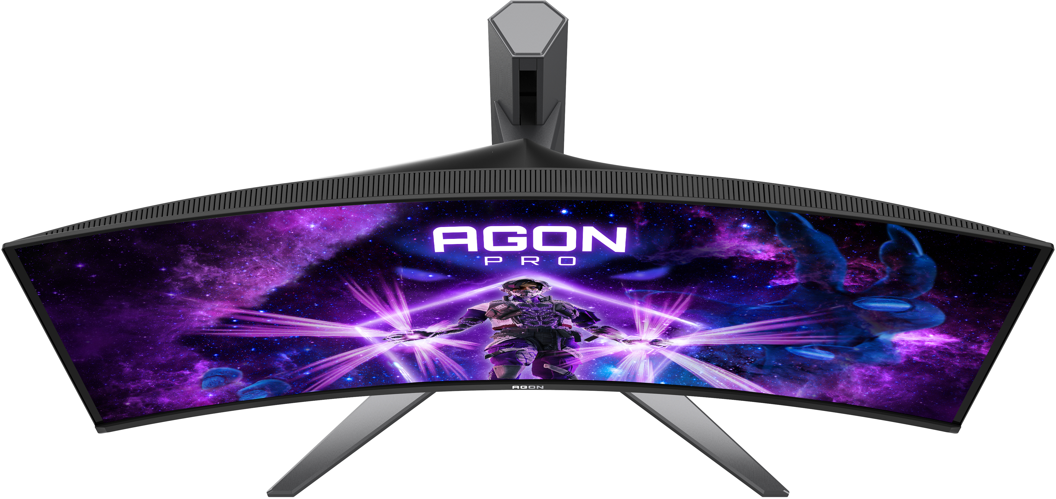 Écran AGON PRO incurvé avec une scène spatiale. Le pied est gris. Une silhouette avec des faisceaux lumineux est visible.