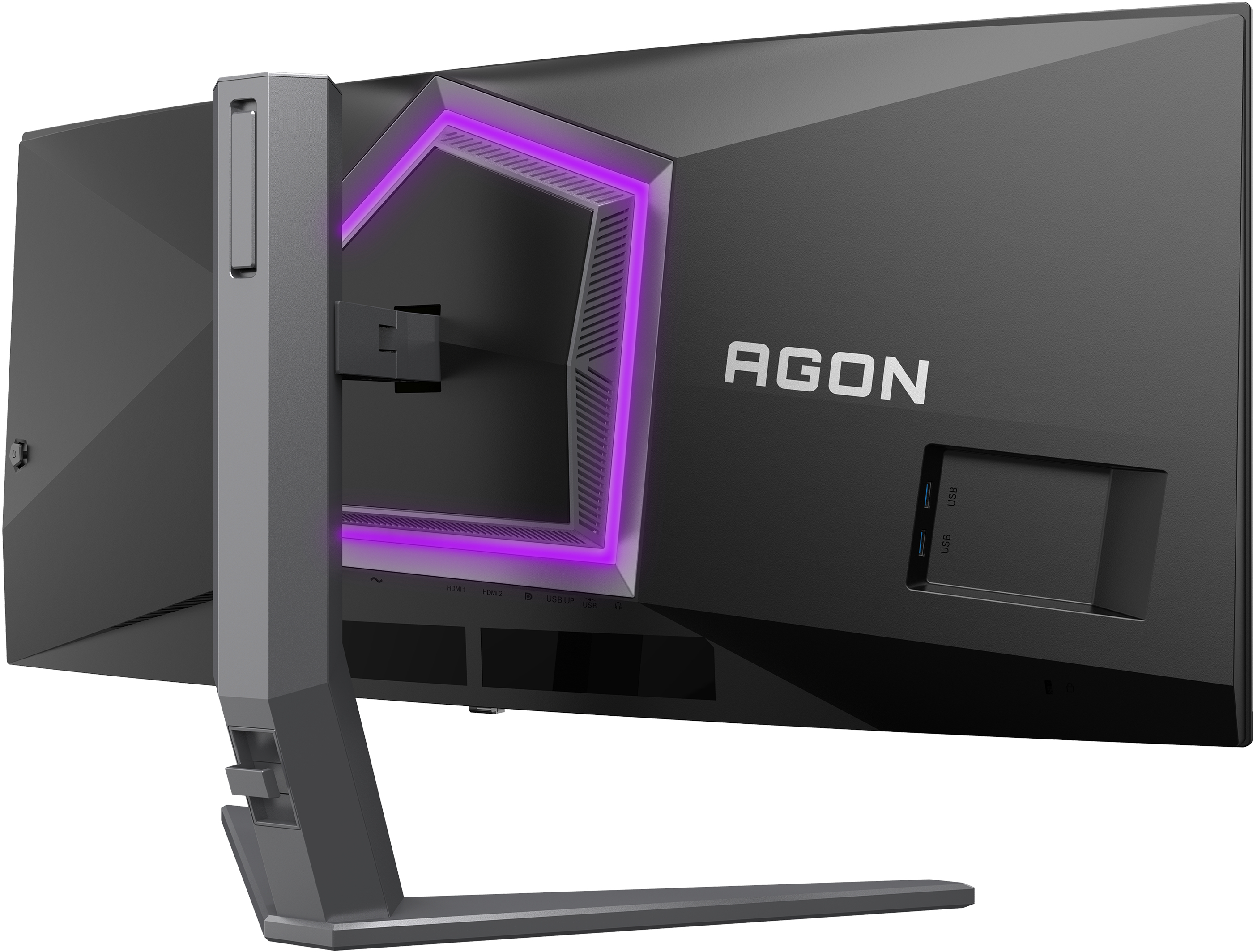 Vue arrière d'un moniteur de jeu AGON noir. Il a un éclairage violet et un support gris.