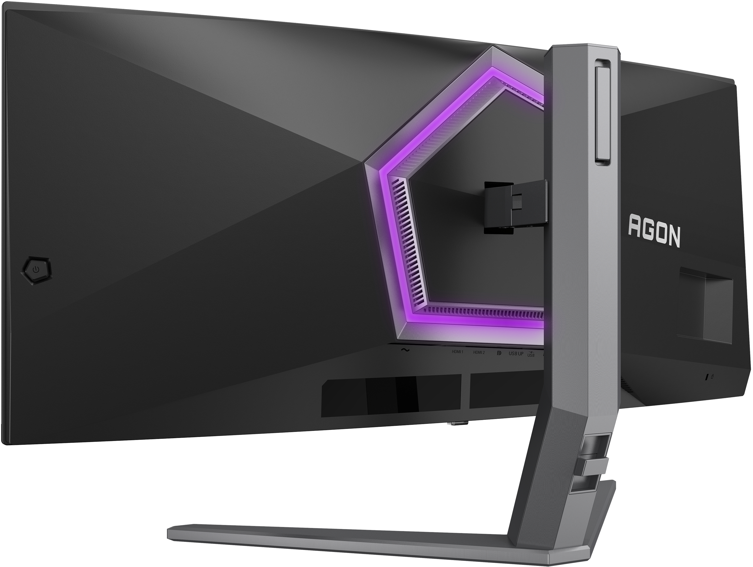Vue arrière d'un moniteur noir avec un support gris. Il a une lumière violette et la marque AGON.