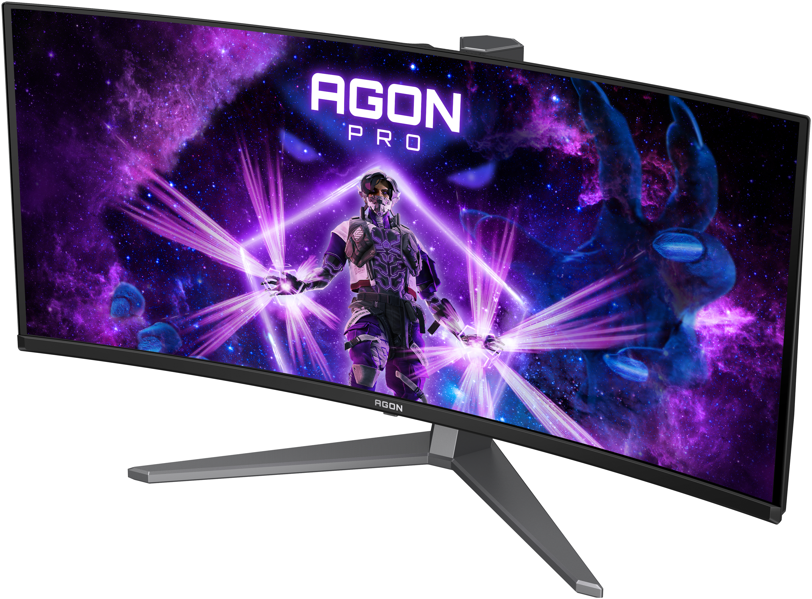 L'écran incurvé affiche une scène spatiale avec une figure. Le logo Agon Pro est visible. L'écran a un support gris.