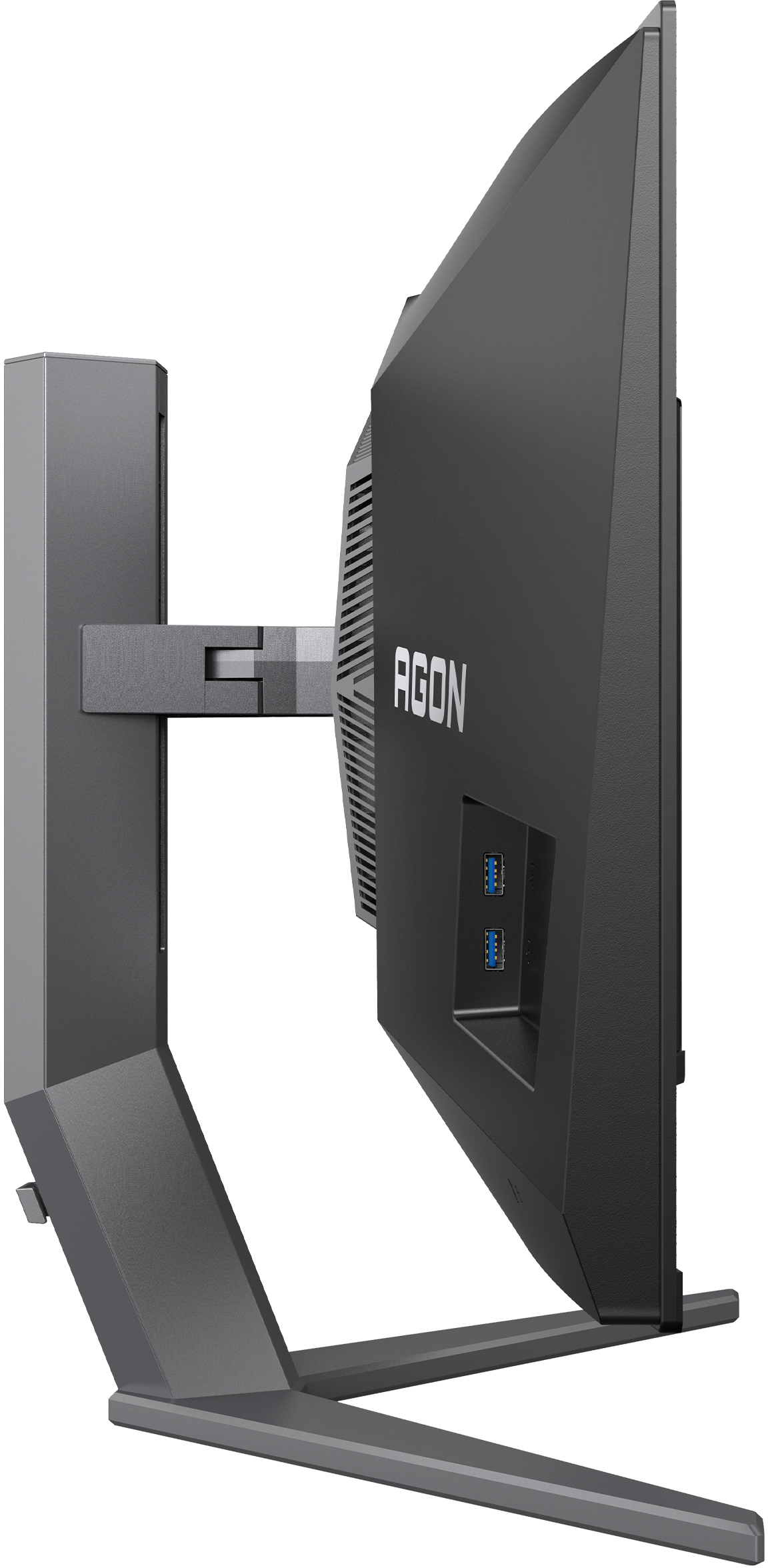 Vue latérale d'un moniteur AGON noir. Le moniteur est connecté à un support gris. Deux ports USB bleus sont visibles.