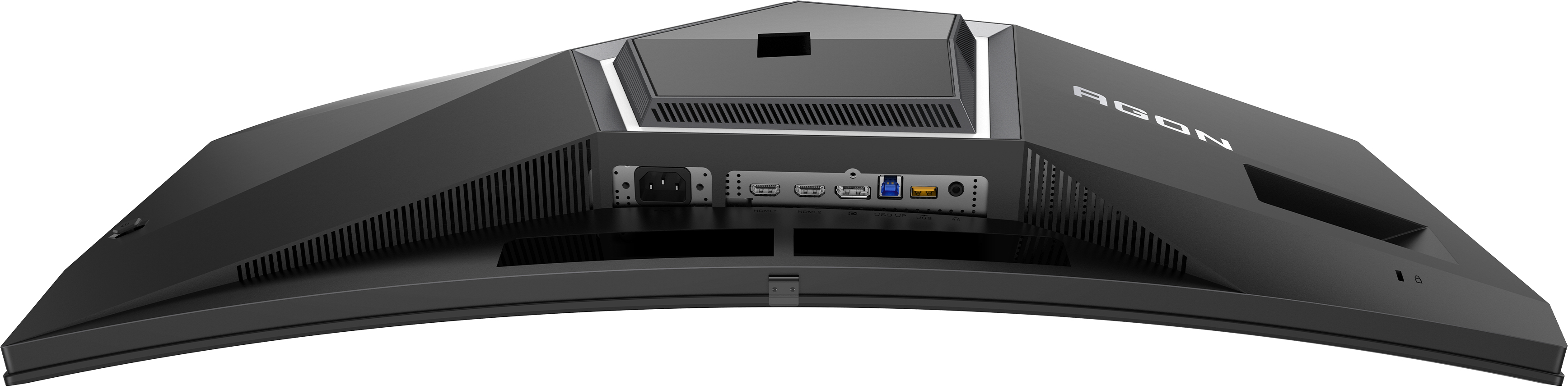 Arrière d'un moniteur d'ordinateur noir avec ports. Le logo "AGON" est visible. Les ports incluent alimentation, HDMI et USB.