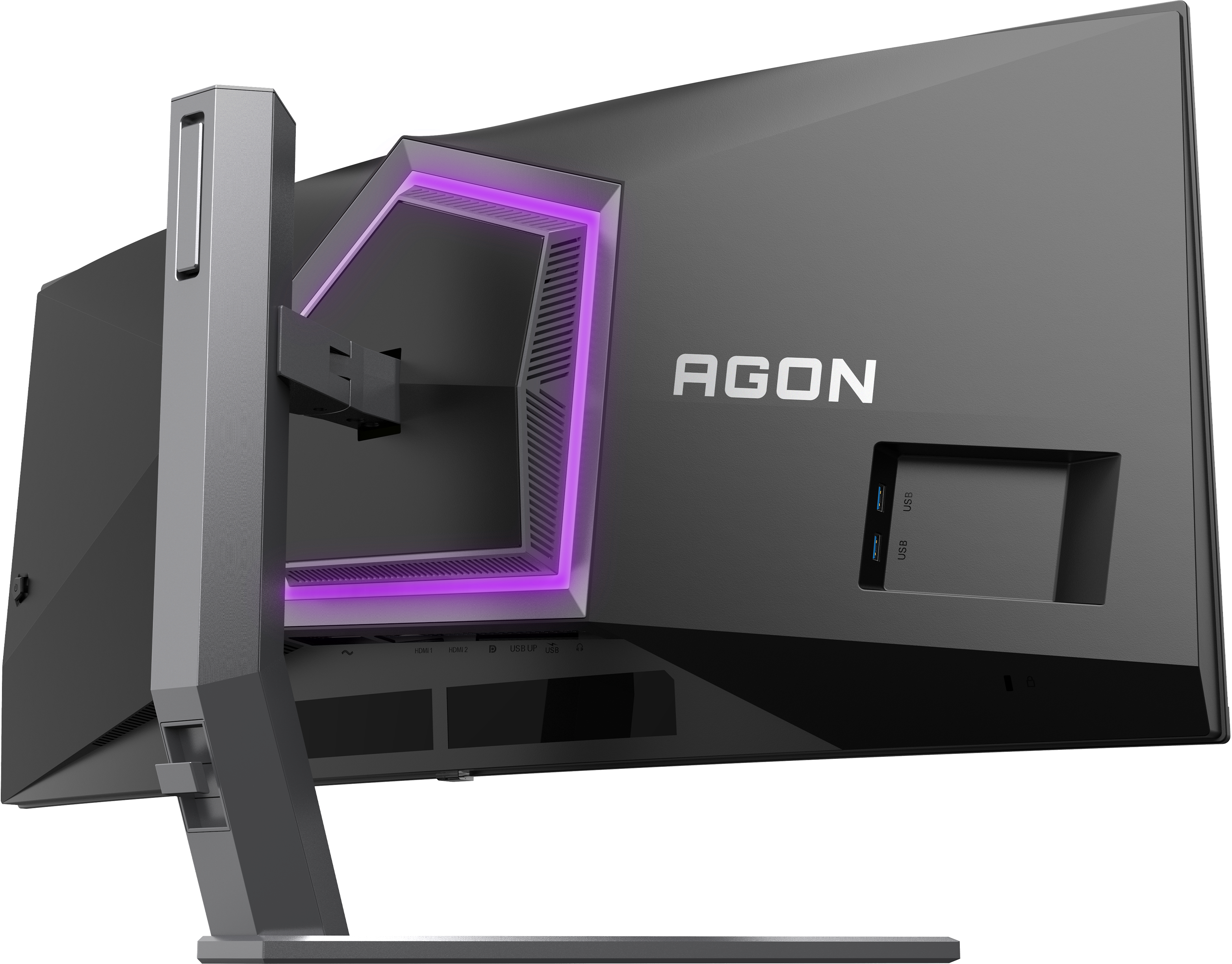 Arrière d'un moniteur d'ordinateur noir. Il comporte le logo AGON, des ports USB et un support. Des accents de lumière violette sont présents.