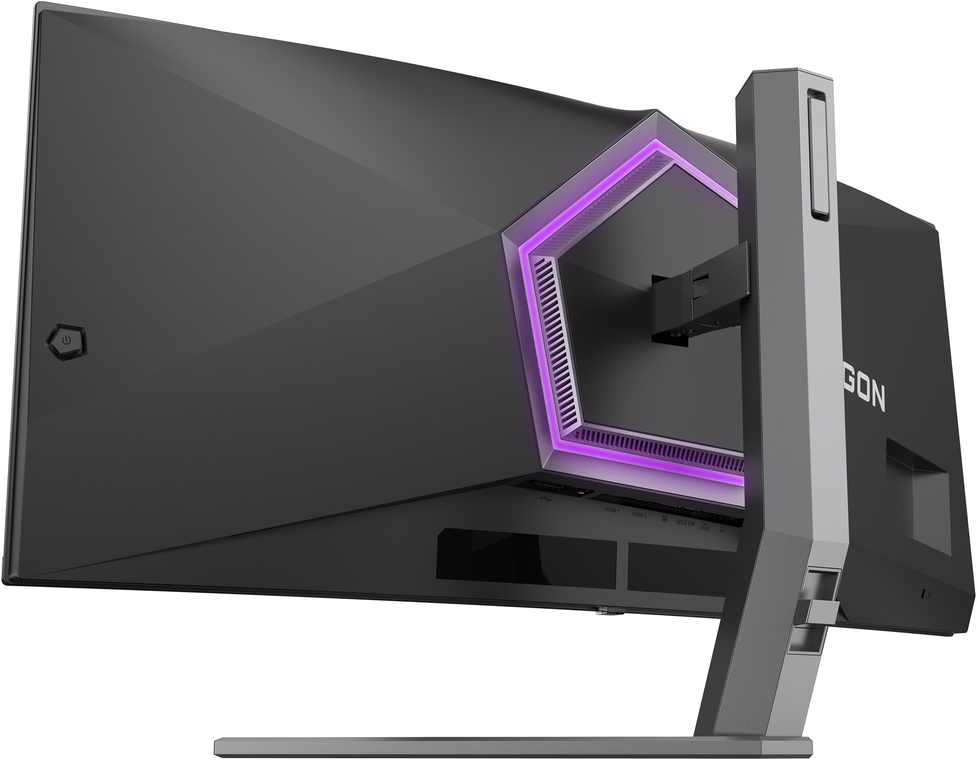 L'arrière d'un moniteur noir. Il possède un pied et une lumière violette. Les ports sont visibles.