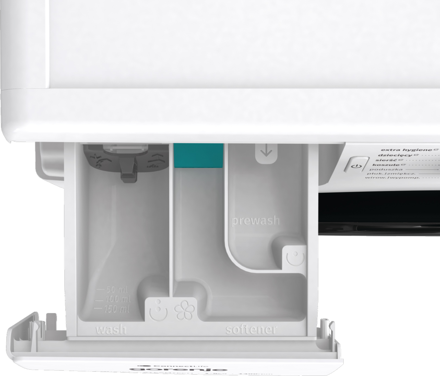 Zbliżenie szuflady na detergent w pralce. Widoczne przegródki z napisami 'pranie', 'przedpranie' i 'płyn do płukania'. Obecny jest turkusowy element.