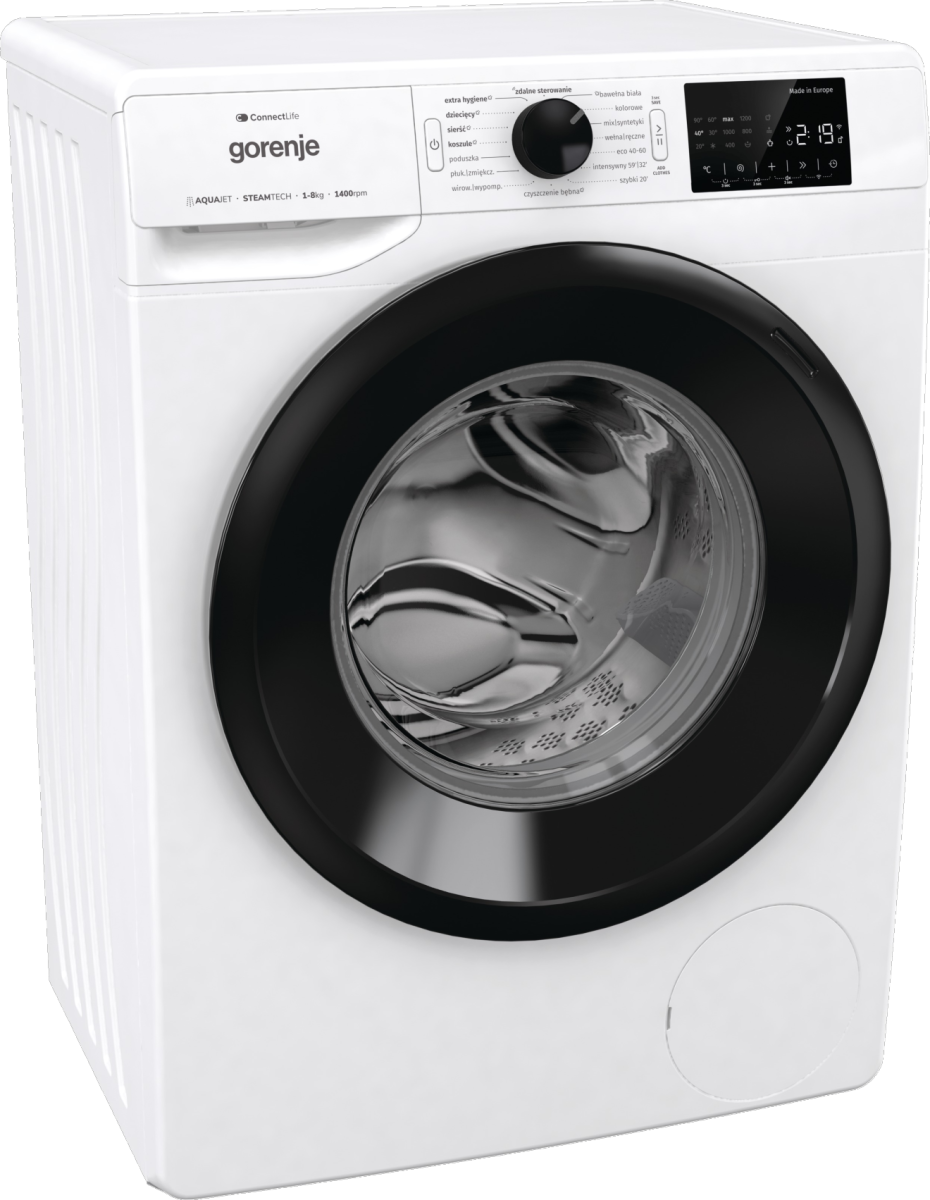 Biała pralka Gorenje z czarnymi drzwiami. Ma cyfrowy wyświetlacz i kilka opcji programów. Maszyna jest ustawiona pod kątem.