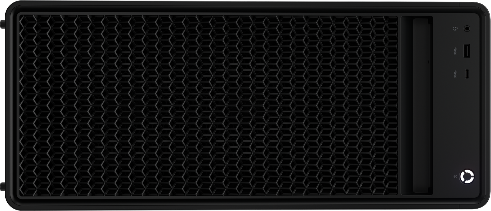 Case nero per computer con frontale a nido d'ape. Porte e pulsante di accensione visibili a destra.