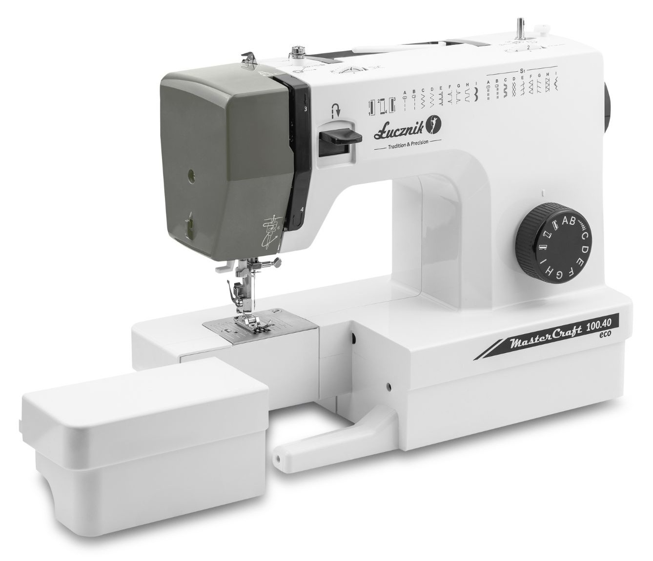 Biała maszyna do szycia z szarymi akcentami. Ma igłę, pokrętło i odłączaną komorę. Marka to Łucznik.