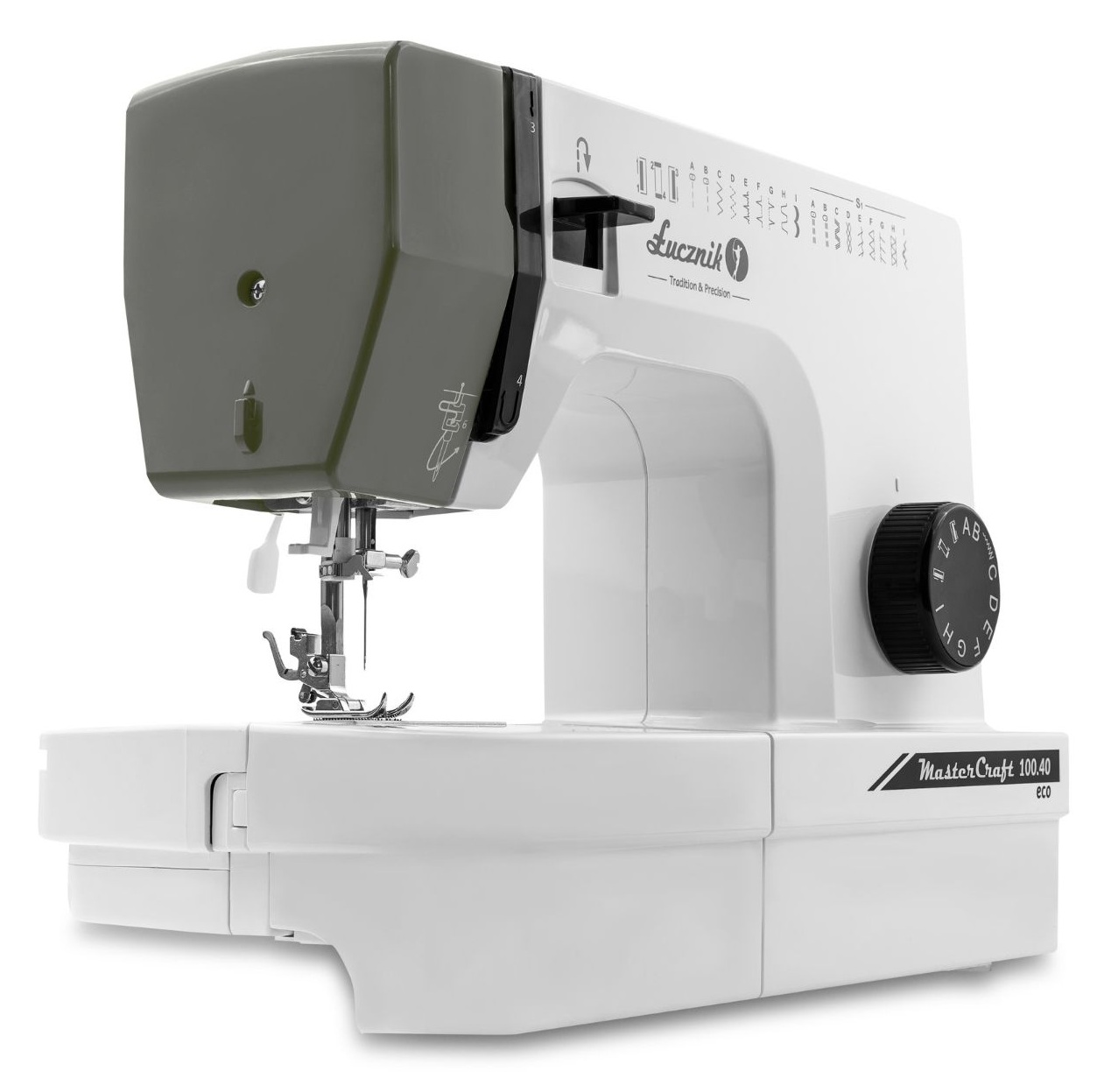 Biała i szara maszyna do szycia Lucznik. Posiada igłę, czarną tarczę i widoczne są słowa "MasterCraft 100.40 eco".
