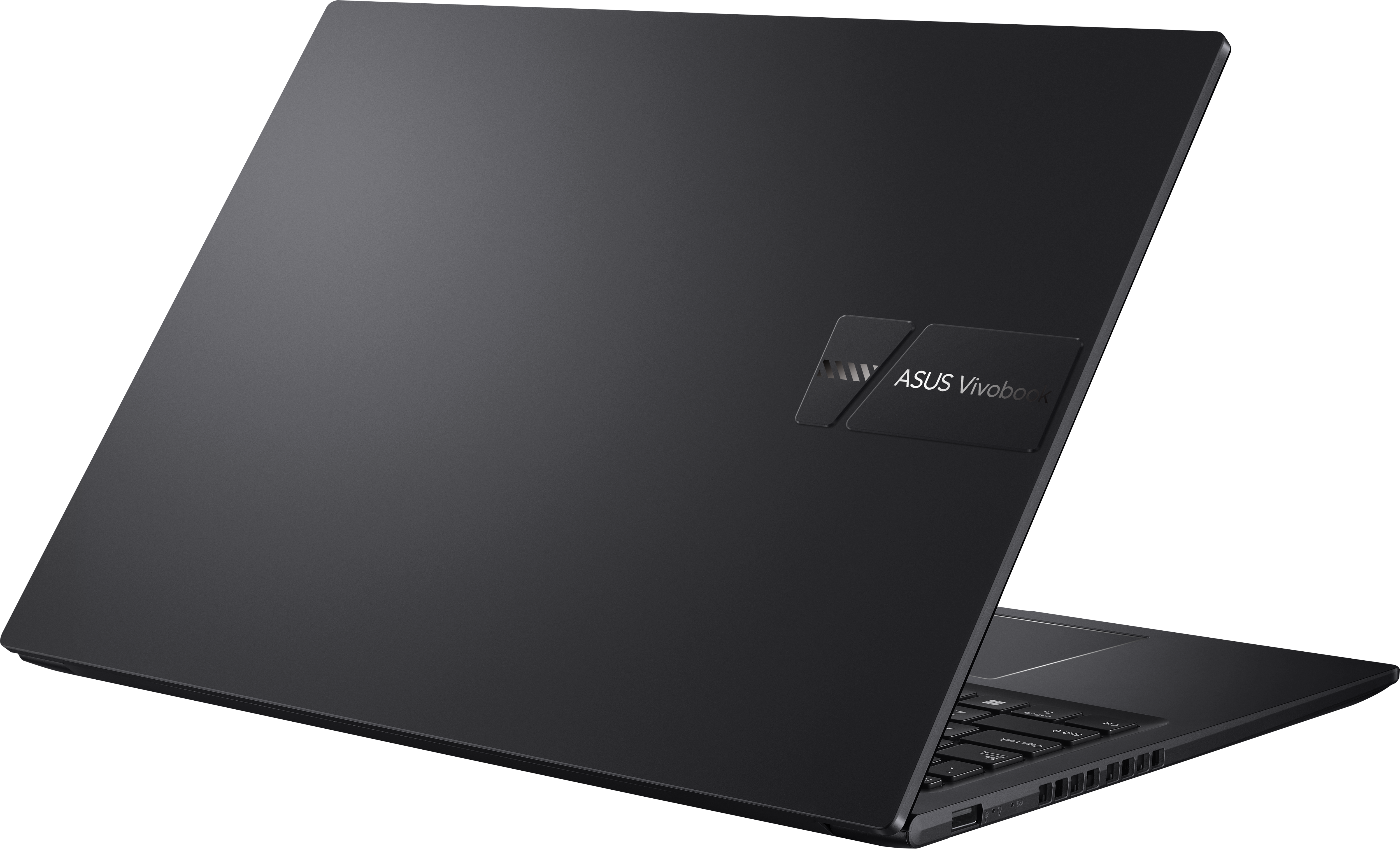 Ein dunkelgrauer Laptop, leicht geöffnet, mit sichtbarer Tastatur. Das ASUS Vivobook-Logo ist zu sehen.