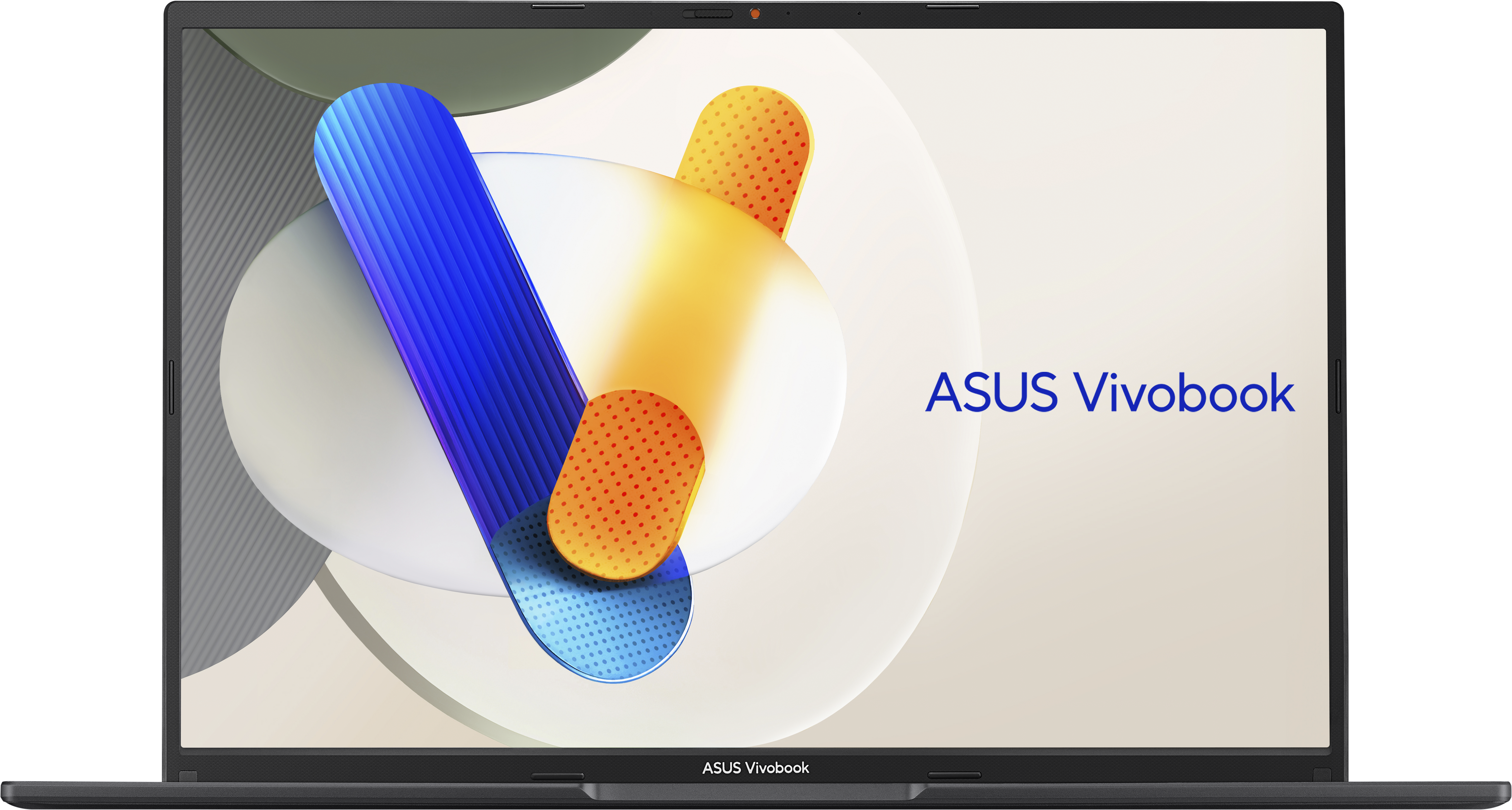 ASUS Vivobook-Laptop. Der Bildschirm zeigt abstrakte Formen in Blau, Gelb und Orange vor hellem Hintergrund.