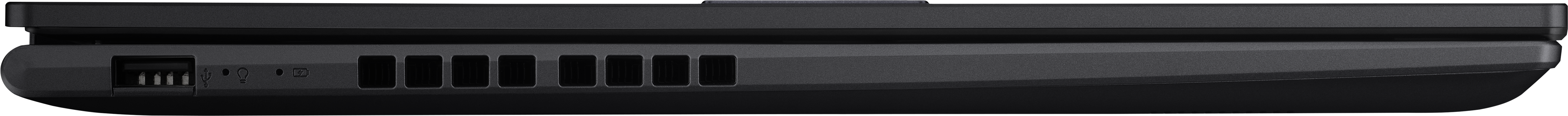 Seitenansicht eines schwarzen Laptops. Es zeigt Anschlüsse, Lüftungsschlitze und Stromanzeigen.