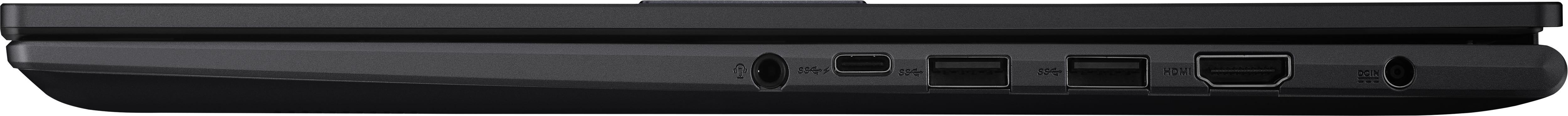 Seitenansicht eines dunklen Laptops. Es zeigt Anschlüsse für Strom, USB, HDMI und Audio.