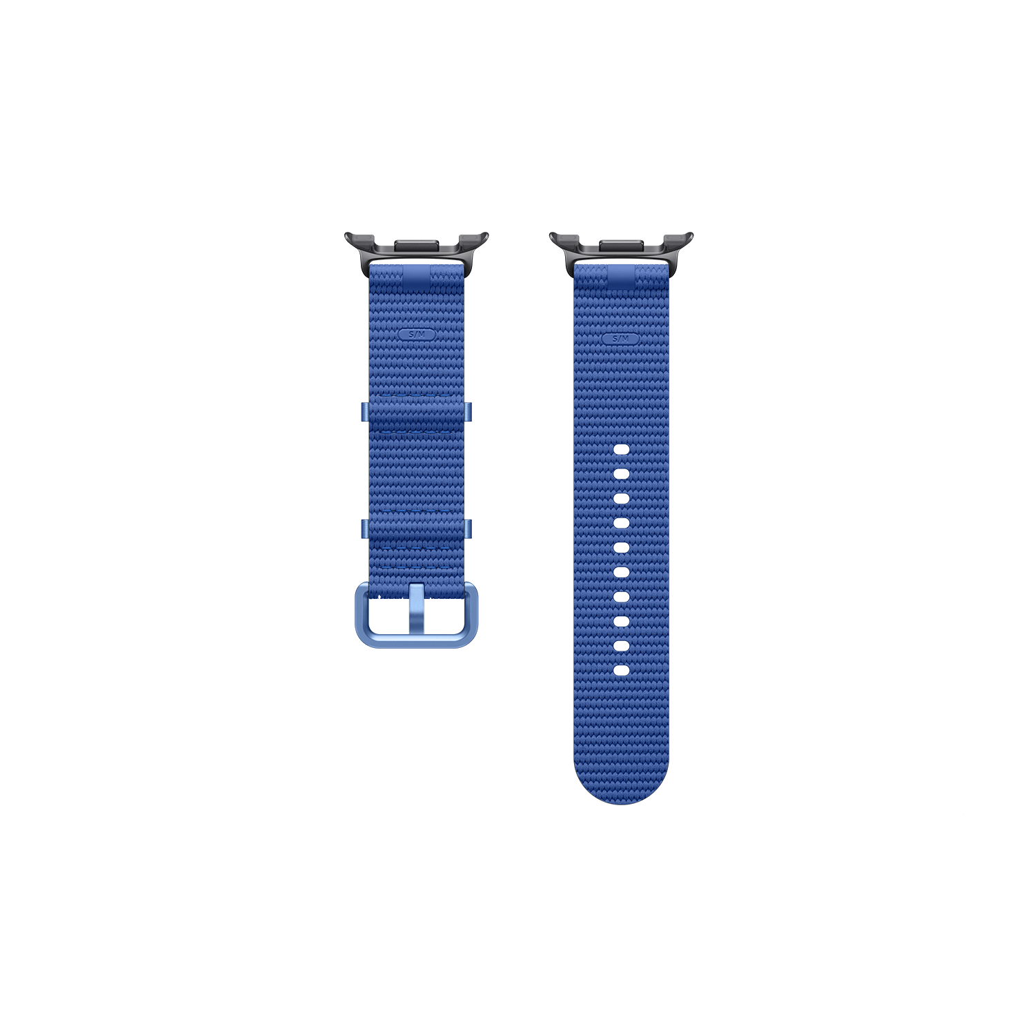 Dos correas de reloj azules sobre fondo negro. Una tiene hebilla, la otra agujeros.