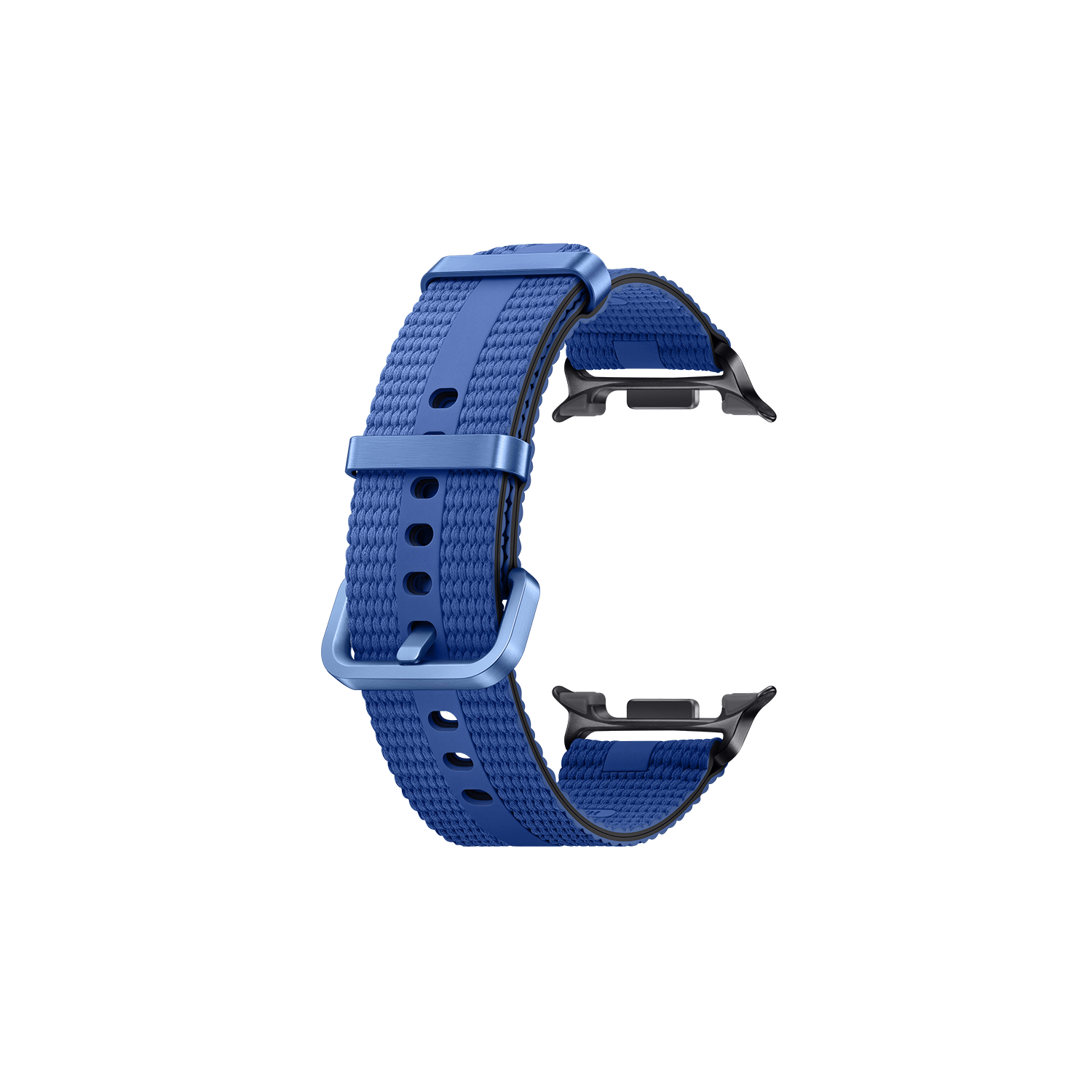 Una correa de reloj azul sobre un fondo negro. Está hecha de tela texturizada con hebilla y enganches metálicos.