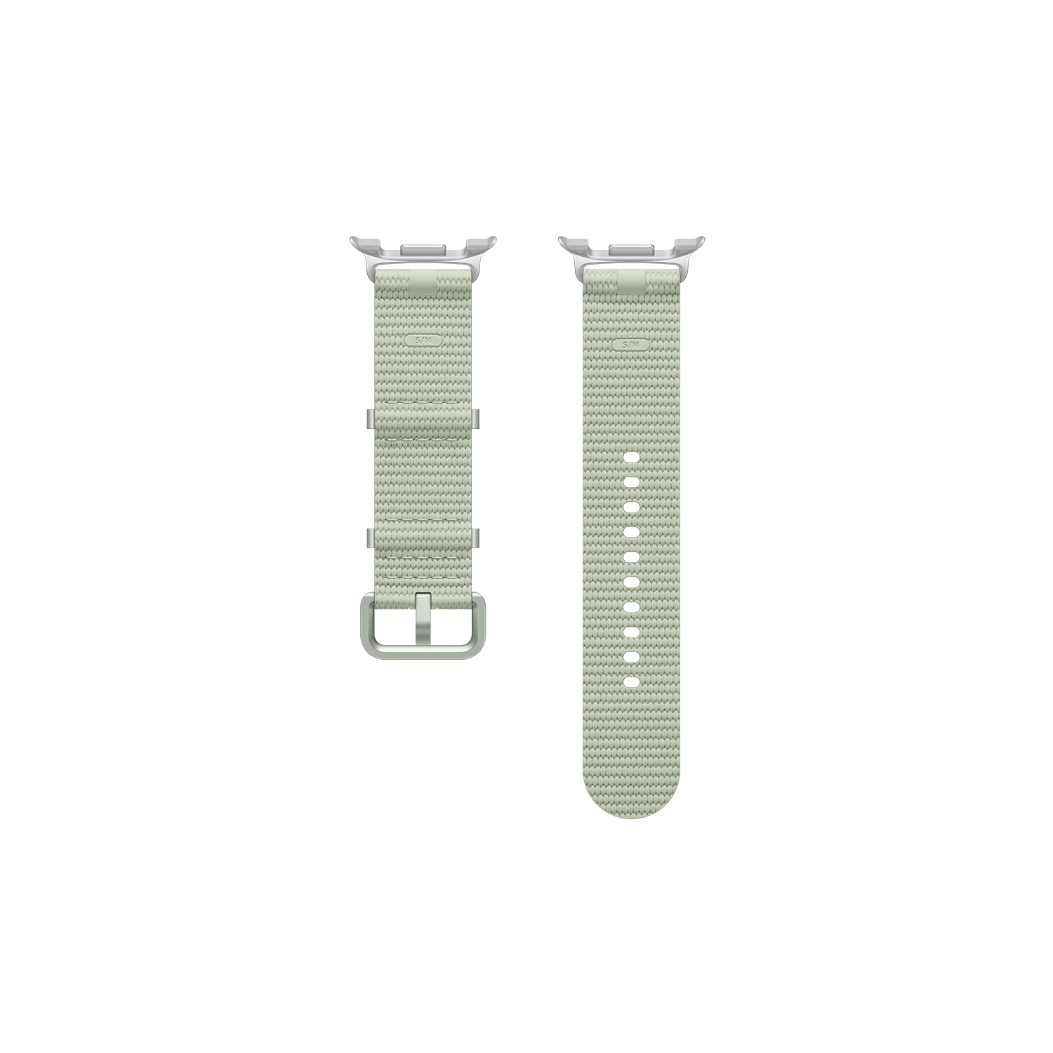 Dos correas de reloj verde claro sobre fondo negro. Una tiene hebilla, la otra agujeros para ajustar.