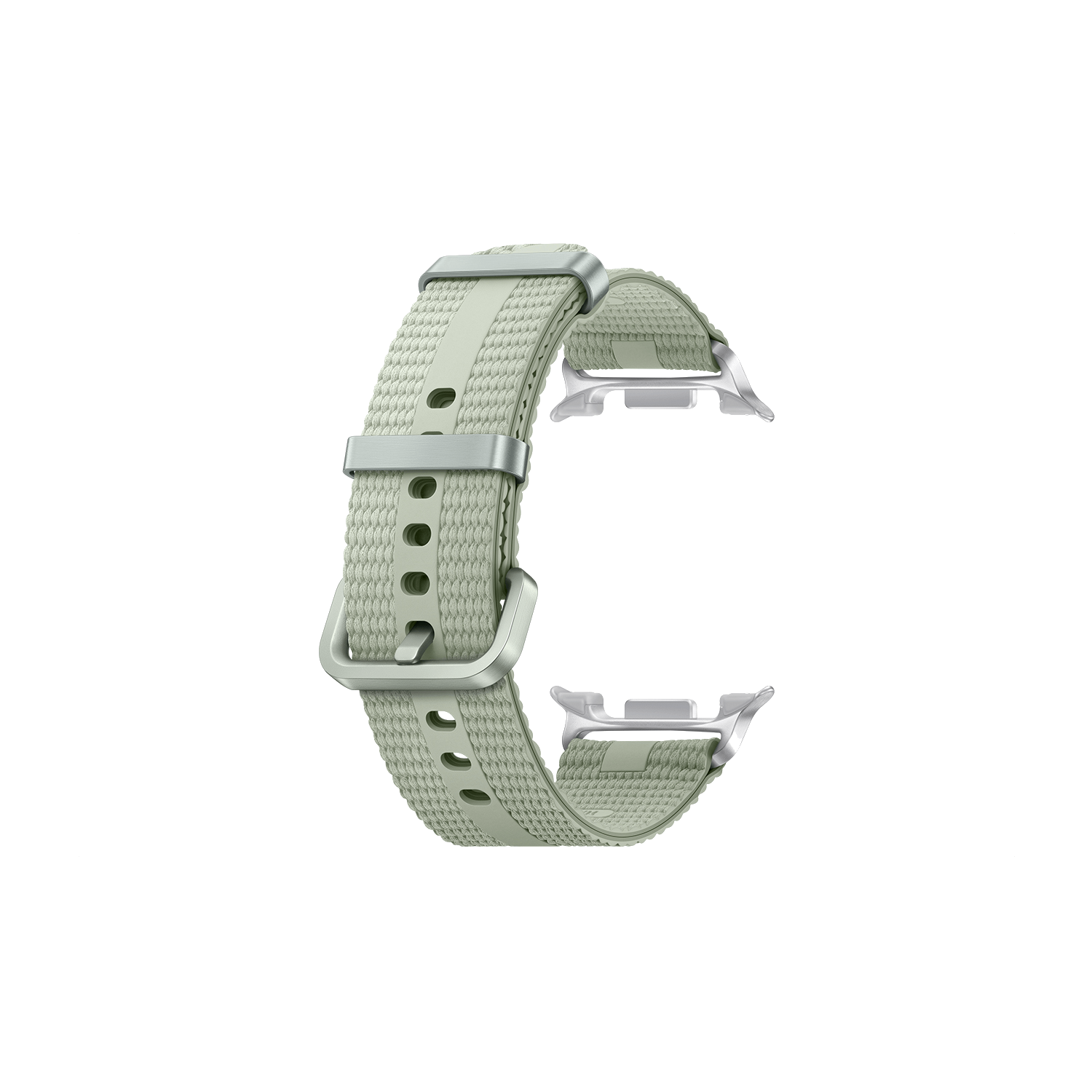 Una correa de reloj verde claro con hebillas y conectores de metal plateado, sobre un fondo negro.