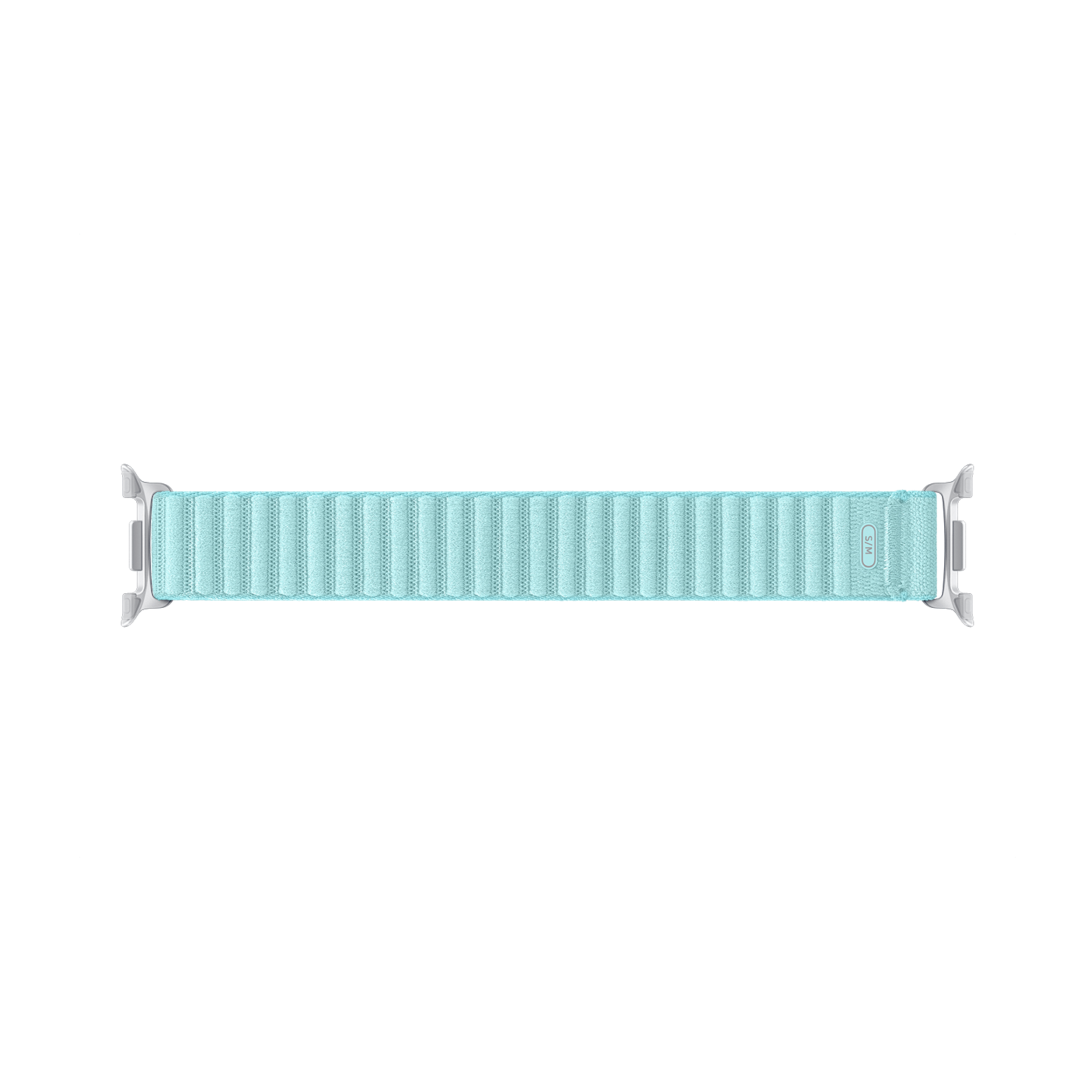 Una correa de Apple Watch azul claro con conectores plateados. La correa tiene textura de líneas verticales, sobre un fondo negro.