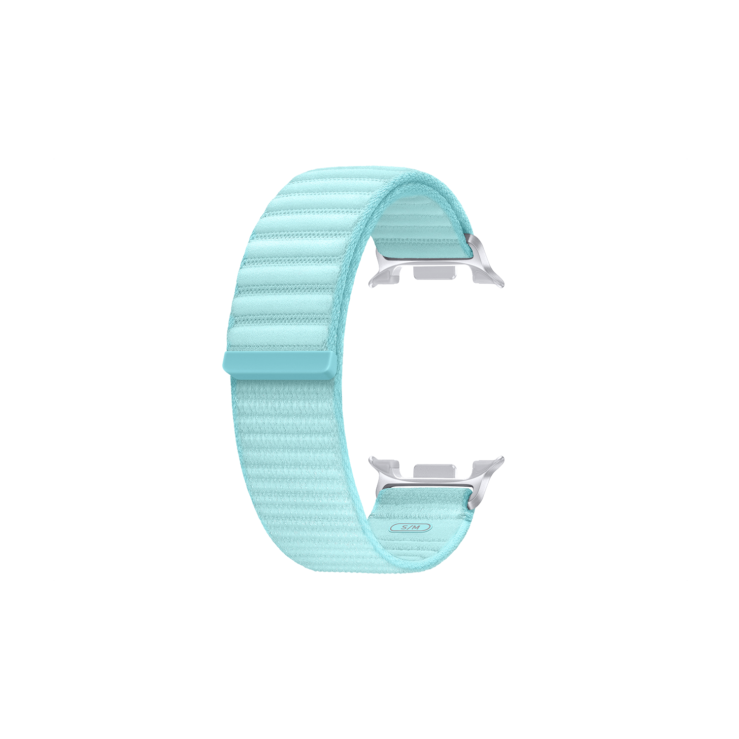 Una correa de Apple Watch azul claro. Tiene una correa de tela y conectores metálicos de color plateado. El fondo es negro.