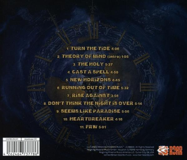 CD-Cover mit Zifferblattdesign, Songtitel aufgelistet. Enthält Albumtitel, Songdauer und Barcode.