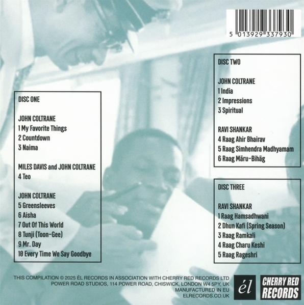 CD-Cover mit Titellisten von John Coltrane und Ravi Shankar. Enthält Text über die Zusammenstellung und das Label.