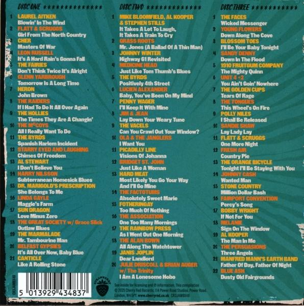 Ein CD-Cover mit drei Spalten von Titeln, Künstlernamen und einem zentralen Erdbeer-Logo.