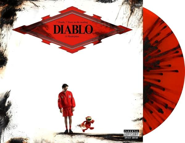 Albumcover: Roter Diablo-Titel, Mann in rotem Anzug, rotes Monster rennt. Rote und schwarze Vinyl-Schallplatte. Parental Advisory.