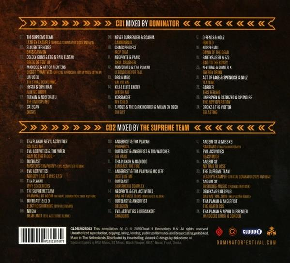 CD-Cover mit Titellisten. CD1 gemischt von Dominator. CD2 gemischt von The Supreme Team. Künstler und Titel sind aufgelistet.