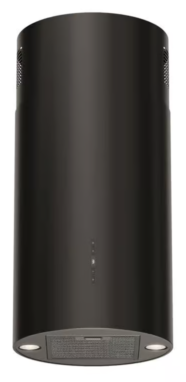 Czarny, cylindryczny okap kuchenny. Ma światła, filtr siatkowy i przyciski sterowania. Design jest nowoczesny.