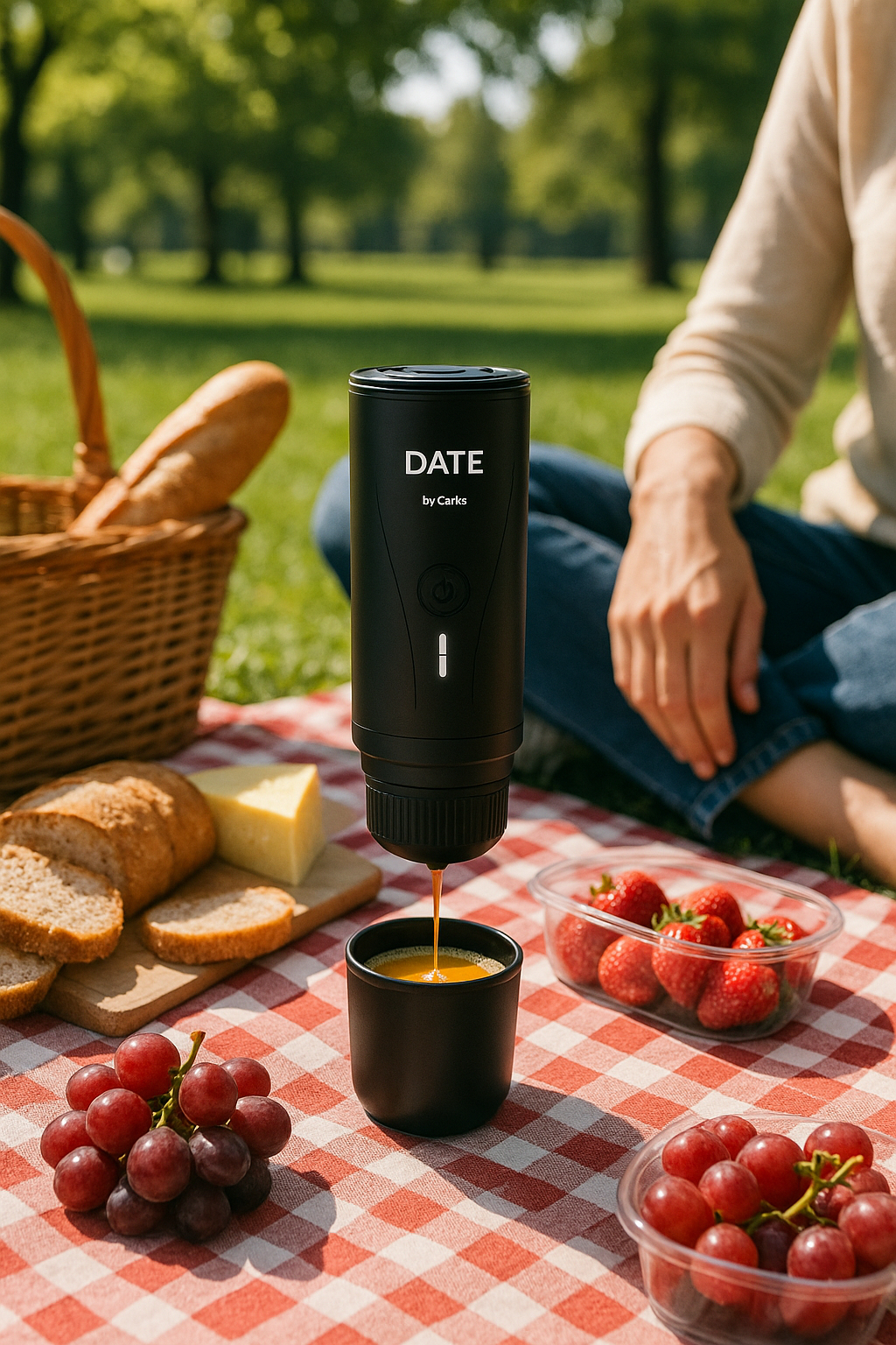 Picknick-Szene mit einem schwarzen Kaffeezubereiter, der in eine Tasse gießt. Trauben, Brot, Käse und Erdbeeren liegen auf einer rot-karierten Decke.